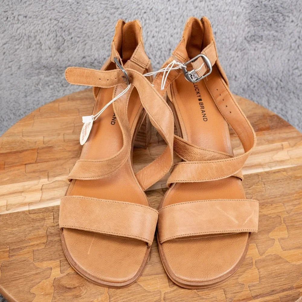 Lucky Brand‎ Sandals Women's Sz 9.5 M - Jenley Tan Leather Wedge Buckle Zip